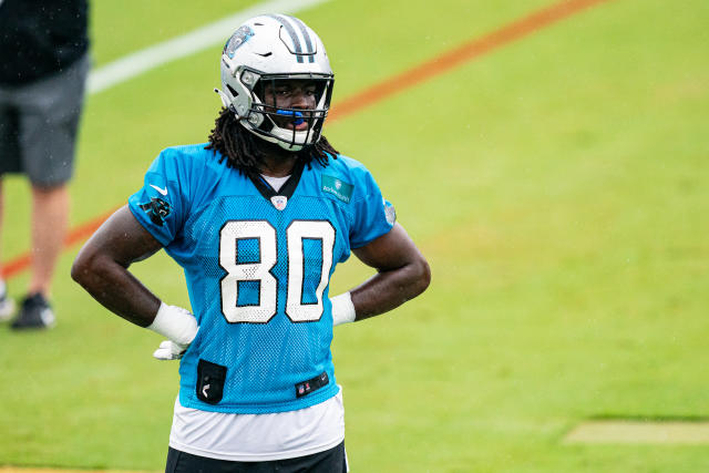 Ian Thomas Carolina Panthers Game-Used #80 White Jersey vs. Atlanta Falcons  on October 11 2020