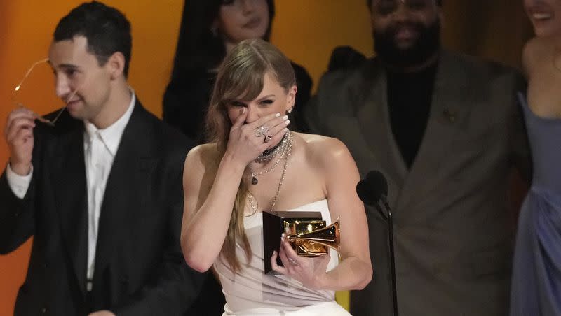 Taylor Swift accepts the award for album of the year for “MIdnights” during the 66th annual Grammy Awards on Sunday, Feb. 4, 2024, in Los Angeles.