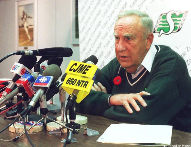 Cal Murphy at a 1999 press conference where he announced his resignation from the Roughriders. It was his final press conference as a CFL head coach.