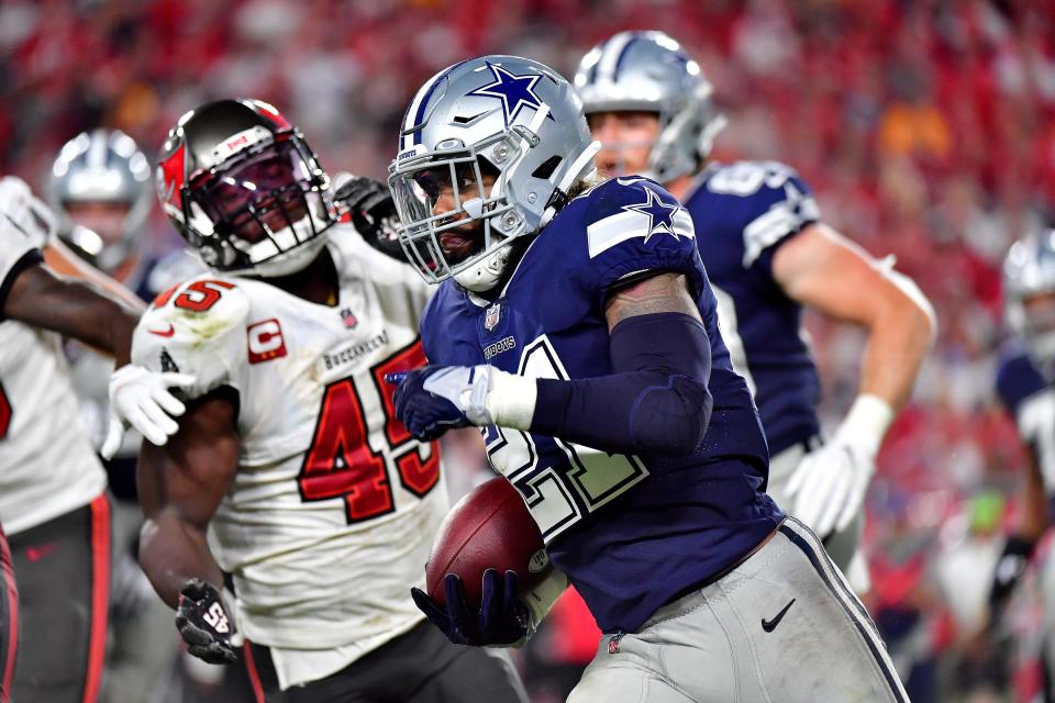 Ezekiel Elliott of the Dallas Cowboys carries the ball against the Tampa Bay Buccaneers during the fourth quarter at Raymond James Stadium on September 09, 2021 in Tampa, Florida.