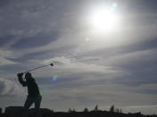 Viktor Hovland, of Norway, tees off on the 18th hole during the final round of the Hero World Challenge PGA Tour at the Albany Golf Club, in New Providence, Bahamas, Sunday, Dec. 5, 2021.(AP Photo/Fernando Llano)