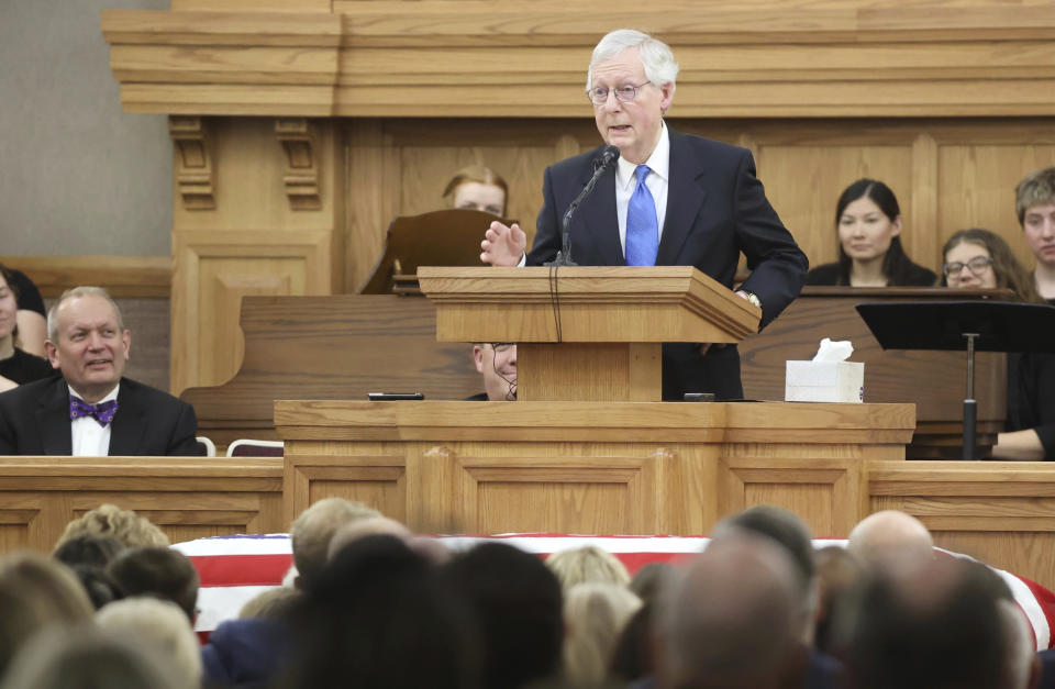 Senate Minority Leader Mitch McConnell, R-Ky., speaks at former Sen. Orrin Hatch's funeral at The Church of Jesus Christ of Latter-day Saints Institute of Religion adjacent to the University of Utah in Salt Lake City, Friday, May 6, 2022. (Kristin Murphy/The Deseret News via AP, Pool)