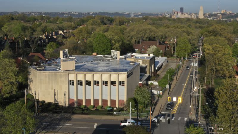 The Tree of Life Synagogue, lower left, stands in the Squirrel Hill neighborhood of Pittsburgh on April 19, 2023. The long-delayed capital murder trial of Robert Bowers in the 2018 Pittsburgh synagogue massacre began with jury selection on April 24. Bowers, a Baldwin resident who has pleaded not guilty, could be sentenced to death if convicted of the shootings. He faces more than 60 federal charges stemming from the Oct. 27, 2018, attack at the Tree of Life synagogue in Pittsburgh that killed 11 worshippers in the deadliest attack on Jewish people in U.S. history.