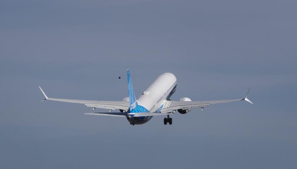 The final version of the 737 MAX, the MAX 10, takes off from Renton Airport in Renton, Wash., on its first flight Friday, June 18, 2021.  Boeing's newest version of the 737 Max jetliner made its first test flight Friday, taking off near Seattle for an expected two-hour trip that the company hopes will signal improving fortunes for its most important plane. (Ellen M. Banner/The Seattle Times via AP, Pool)