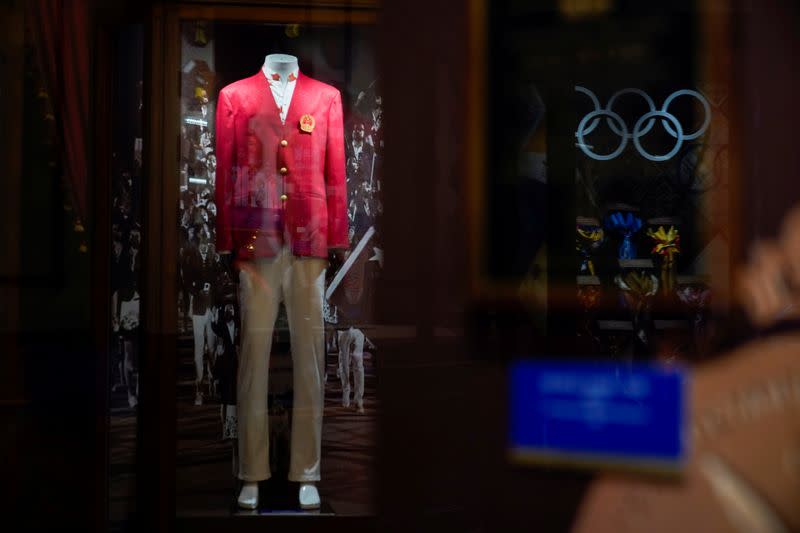 A uniform for Chinese Olympic athletes is seen displayed at the Shanghai Sports Museum in Shanghai