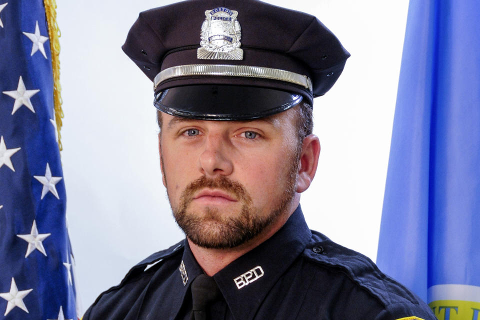 FILE - This undated photograph provided by the Boston Police Department shows Officer John O'Keefe of Canton, Mass. O'Keefe was found dead outside the home of a fellow officer in January 2022, and his girlfriend, Karen Read, has been charged with his death. Read's trial is scheduled to begin Monday, April 29, 2024. (Boston Police Department via AP, File)