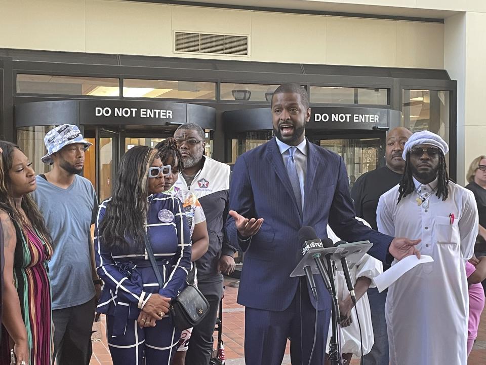 Bakari Sellers, an attorney for the family of Ricky Cob II, a Black man who was killed by a Minnesota state trooper in July, speaks at a news conference Tuesday, June 4, 2024. Sellers and family members criticized local prosecutors for dropping a murder charge against the trooper this week. (AP Photo/Michael Goldberg)