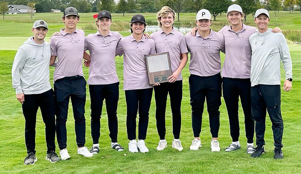 Watertown High School's boys golf team captured its third consecutive Eastern South Dakota Conference tournament championship on Monday, Sept. 25, 2023 at the Fox Run Golf Course in Yankton. Pictured, from left, are head coach Corey Neale, Jaden Solheim, Ty Lenards, Johnny Lake, Gabe Norberg, Kaden Rylance, Jake Olson and assistant coach Ryan Neale.