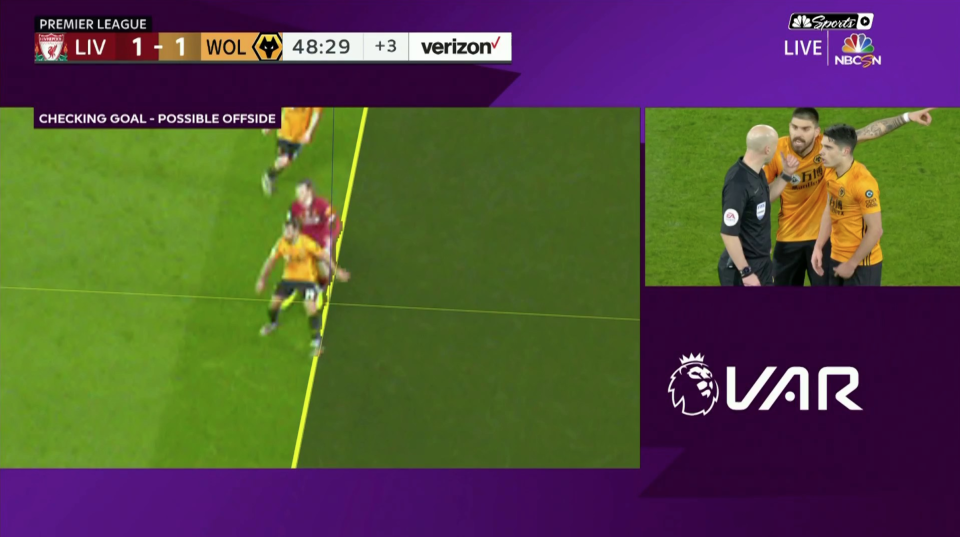 Wolves' equalizer against Liverpool was disallowed by VAR for this "offside" in the buildup. (Screenshot: NBC Sports)