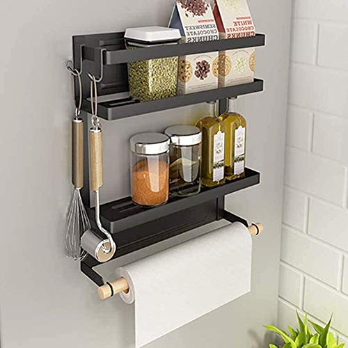 Magnetic Shelf with Paper Towel Holder 2 Tier Kitchen Refrigerator Storage Rack