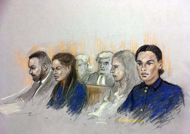 Court artist sketch by Elizabeth Cook of Coleen and Wayne Rooney (left) and Rebekah Vardy (right) (Elizabeth Cook/PA)