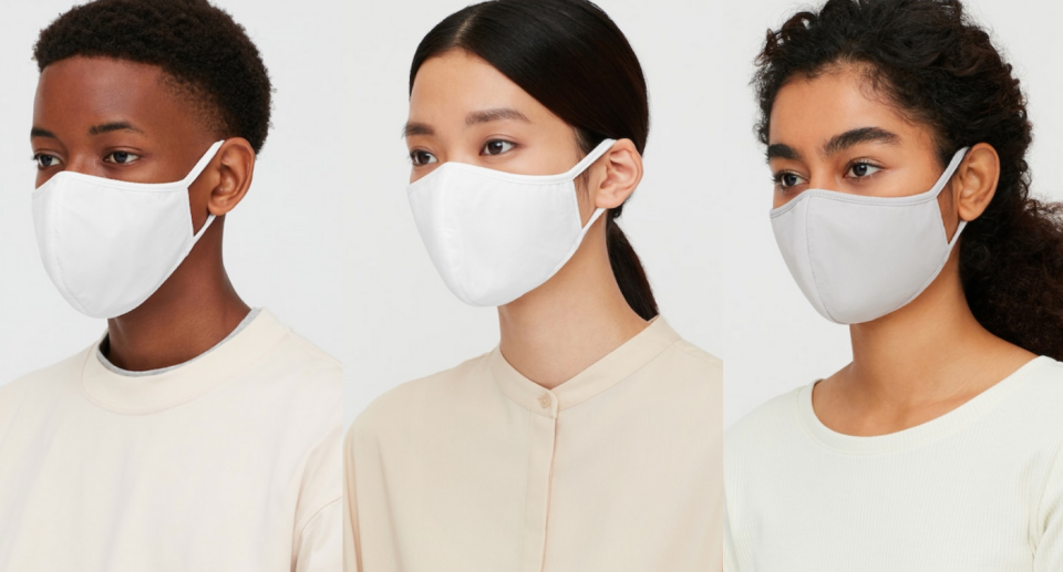 AIRism Face Masks are coming soon in Canada. Three people wear Uniqlo face masks.