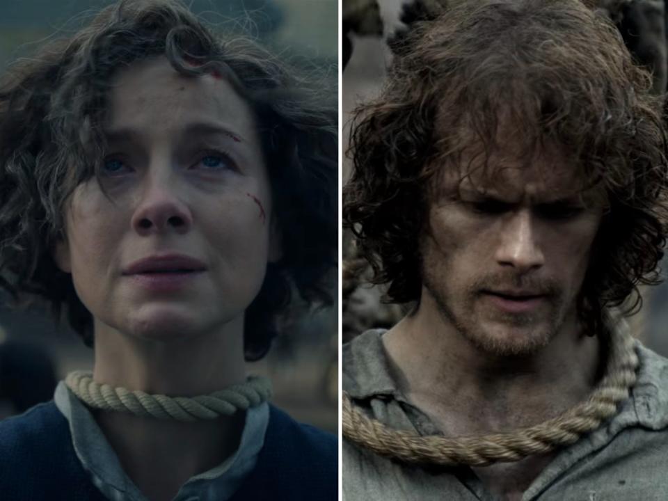 Claire (Caitríona Balfe) in season seven, episode one; Jamie (Sam Heughan) in season one, episode 15.