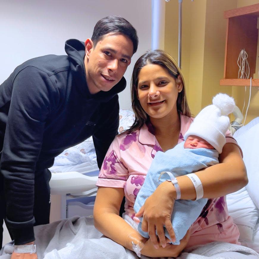 Parents Zoila Ruiz Alceda and Jose Gonzalez welcomed Derek Eduardo, the first baby born in 2024 at Erie Shores HealthCare.  (Submitted by Erie Shores HealthCare - image credit)