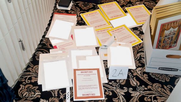 PHOTO: FBI photograph of redacted documents and classified cover sheets recovered from a container stored in former U.S. president Donald Trump's Florida estate that was included in a U.S. Department of Justice filing Aug. 30, 2022.  (U.S. Department Of Justice via Reuters)