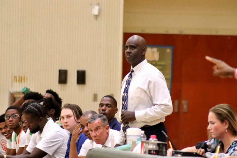 Atlantic coach Tony Watson watches his team from the sidelines. Royal Palm Beach boys basketball defeated the Eagles, 73-66, in a tight season opener at Atlantic High on November 22, 2023.