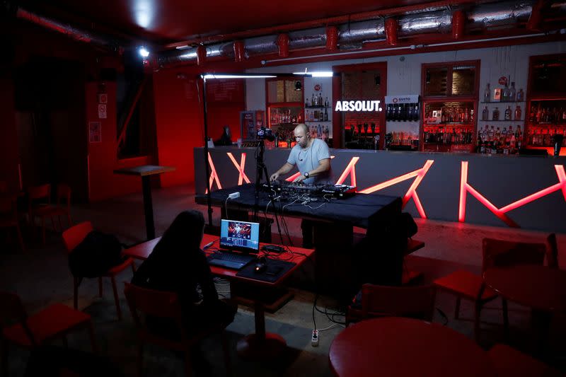 Czaban, 36-year-old, also known as DJ Revolution performs in an empty music club during the global coronavirus disease (COVID-19) outbreak, in Budapest