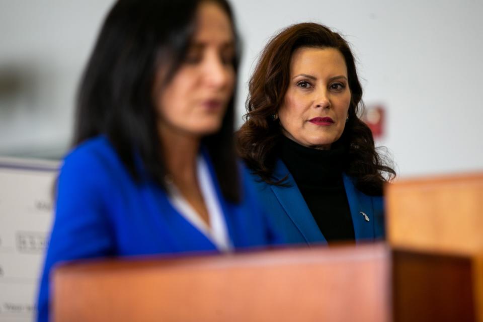 Gov. Gretchen Whitmer attends a press conference to speak on the $400 auto insurance refund checks Monday, March 7, 2022, at Grand Rapids Community College.