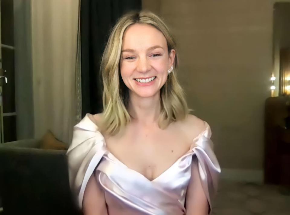 Carey Mulligan wearing a pale pink dress during a Zoom interview at the 2021 Golden Globe Awards