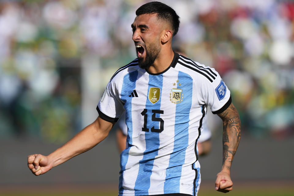 Argentina's Nicolas Gonzalez celebrates after his teammate Nicolas Tagliafico scored his side's second goal against Bolivia during a qualifying soccer match for the FIFA World Cup 2026 at the Hernando Siles stadium in La Paz, Bolivia, Tuesday, Sept. 12, 2023. (AP Photo/Juan Karita)