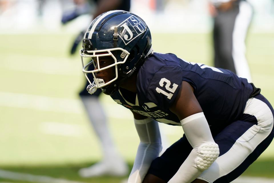 Jackson State cornerback Travis Hunter (12) lines up during the first half of the Orange Blossom Classic NCAA college football game against Florida A&M, Sunday, Sept. 4, 2022, in Miami Gardens, Fla. (AP Photo/Lynne Sladky)