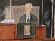 In this courtroom sketch, Lawrence Paul Visoski Jr., who was one of Jeffrey Epstein's pilots, testifies on the witness stand during Ghislaine Maxwell's sex trafficking trial, Monday, Nov. 29, 2021, in New York. (AP Photo/Elizabeth Williams)