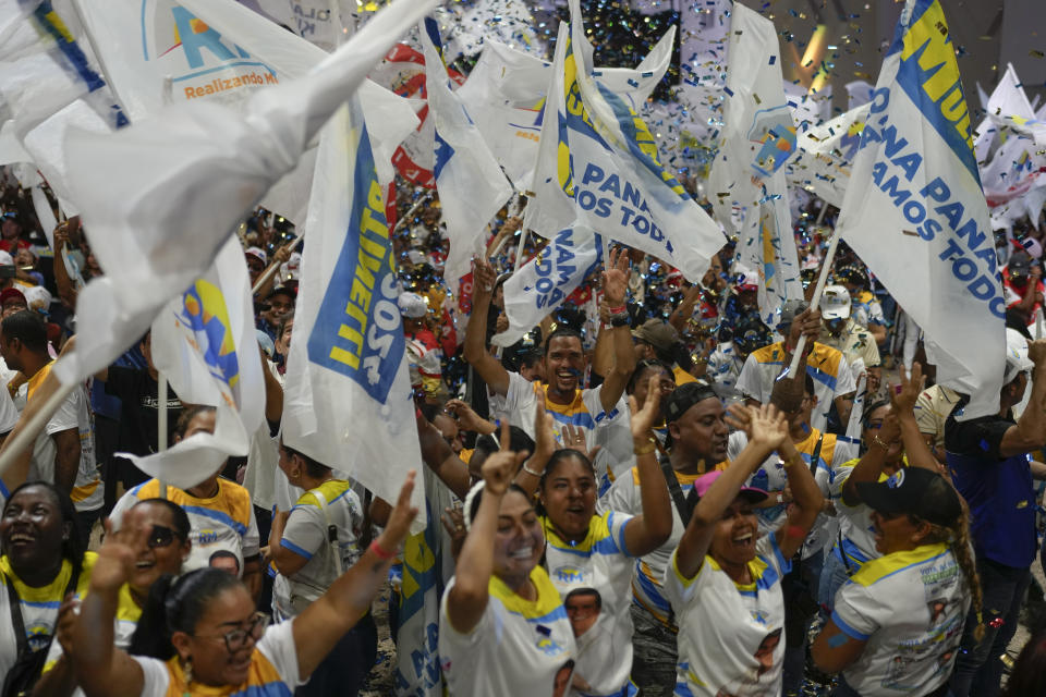 Supporters of Achieving Goals presidential candidate Jose Raul Mulino attend a campaign rally in Panama City, Sunday, April 28, 2024. Panama will hold general elections on May 5. (AP Photo/Matias Delacroix)