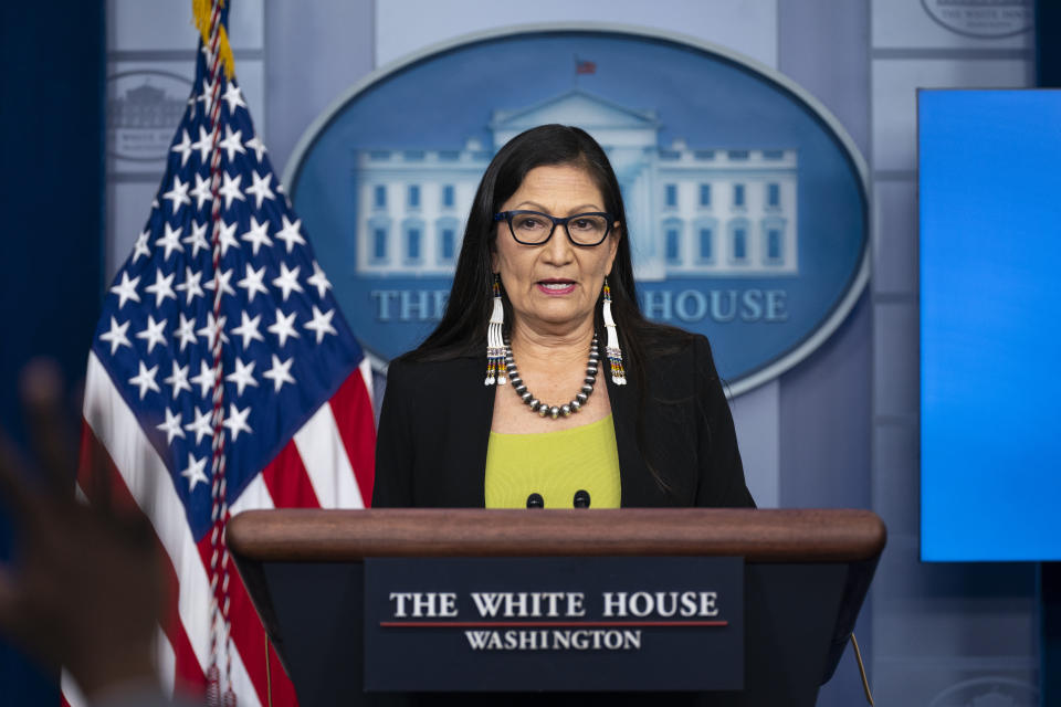 Interior Secretary Deb Haaland speaks during a press briefing at the White House, Friday, April 23, 2021, in Washington. (AP Photo/Evan Vucci)