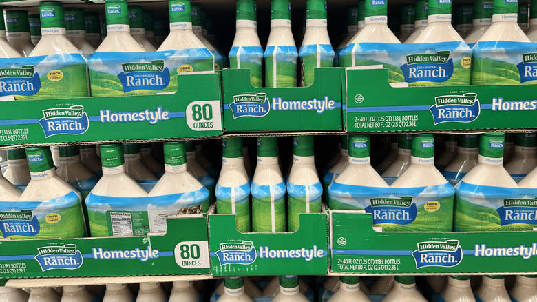 Packs of two Hidden Valley Ranch lined up in Costco aisle