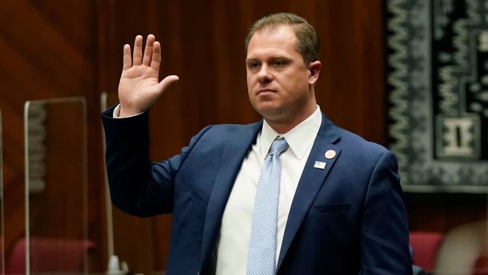 Rep. Jake Hoffman is sworn in during the opening of the Arizona Legislature at the state Capitol in 2021.  - Ross D. Franklin/Pool/AP