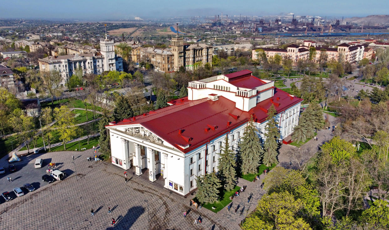 Another view of the drama theater in Mariupol, Ukraine.