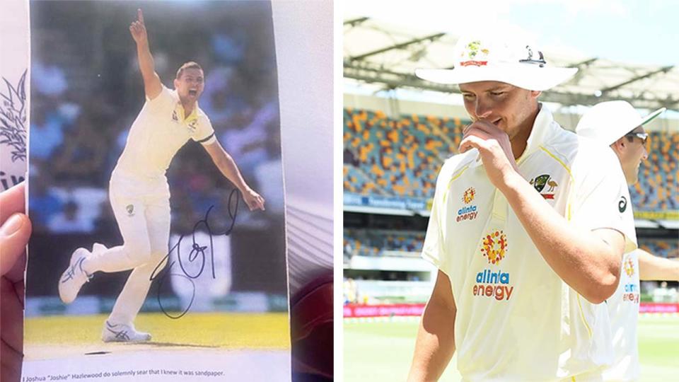 Josh Hazlewood (pictured right) laughing as he leaves the field and (pictured left) a photo of him signed.