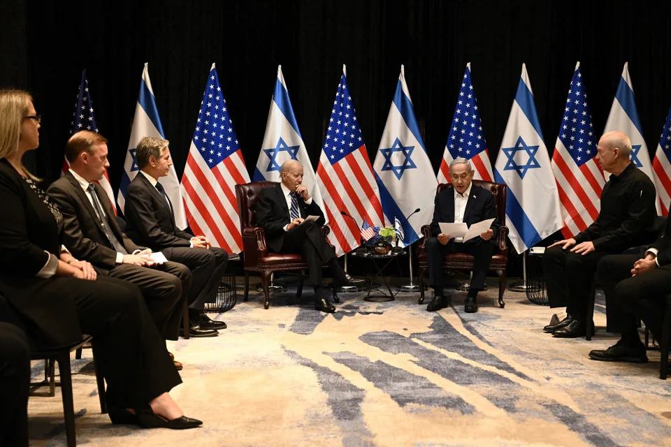 National Security Advisor Jake Sullivan, Secretary of State Antony Blinken and President Joe Biden listen to Israel's Prime Minister Benjamin Netanyahu in Tel Aviv, on Oct. 18, 2023.<span class="copyright">Brendan Smialowski—AFP/Getty Images</span>