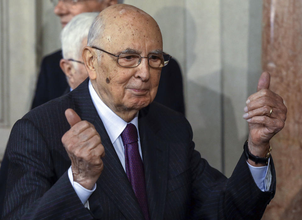 FILE - Italian President Giorgio Napolitano greets journalists after meeting with Democratic Party lawmaker Enrico Letta, in Rome's Quirinale presidential palace, Wednesday, April 24, 2013. Giorgio Napolitano, the first former Communist to rise to Italy’s top job — president of the Republic — and the first president to be re-elected, has died Friday, Sept. 22, 2023. He was 98. (AP Photo/Gregorio Borgia, File)