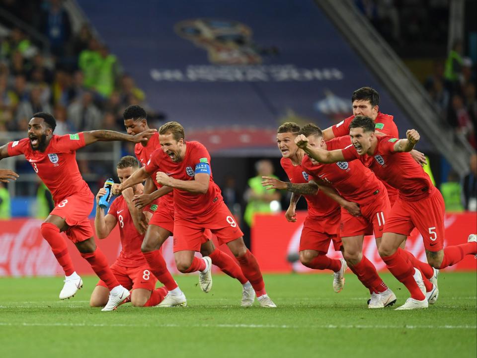 England celebrate beating Colombia on penalties (Getty Images)