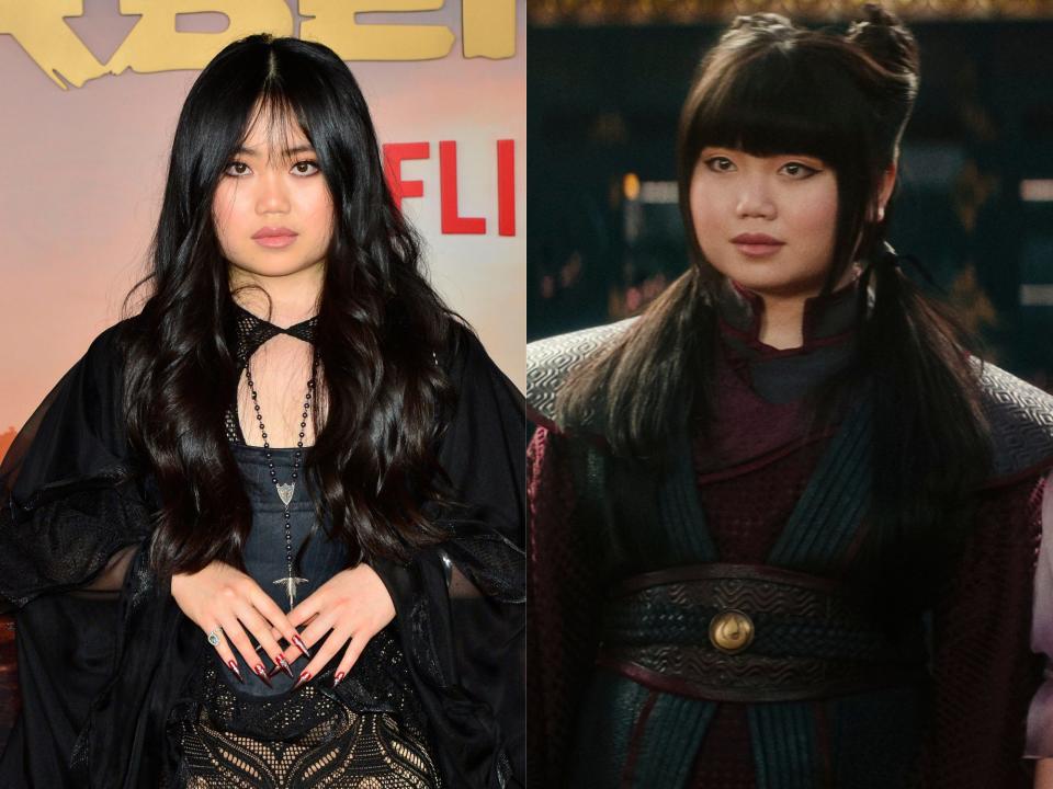 left: thalia tran with her hair worn long and wavy, red acrylics on her hails and in goth-like black clothing; right: tran as mai in avatar, with bangs, space buns, and the rest of her hair worn long, in red and black clothing