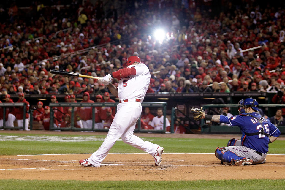 ST LOUIS, MO - OCTOBER 19: Albert Pujols #5 of the St. Louis Cardinals bats against the Texas Rangers during Game One of the MLB World Series at Busch Stadium on October 19, 2011 in St Louis, Missouri. (Photo by Rob Carr/Getty Images)