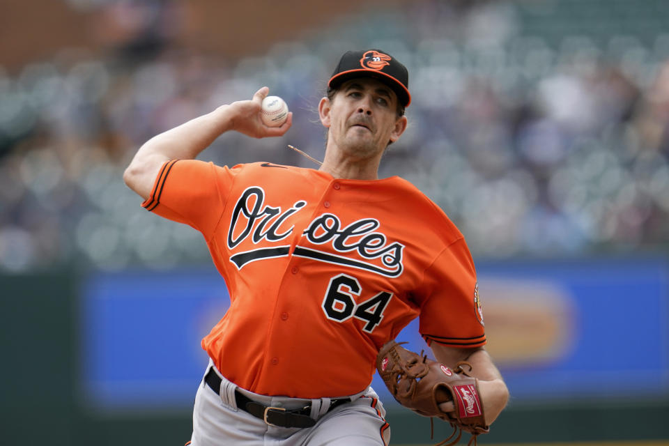 Baltimore Orioles pitcher Dean Kremer throws against the Detroit Tigers in the first inning during the first baseball game of a doubleheader, Saturday, April 29, 2023, in Detroit.