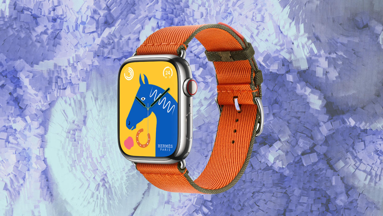  Apple Watch Series 9 Hermes Edition against purple background. 