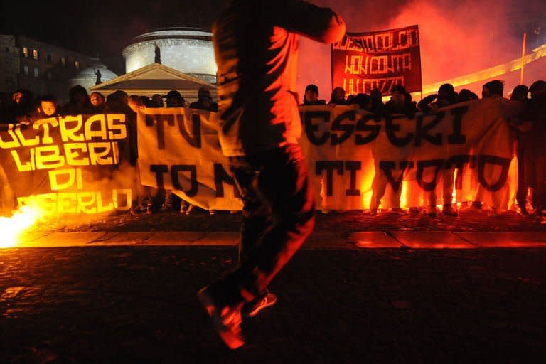 Supporters of S.S.C. Napoli football team protest on February 24, 2013 in the center of Naples against an Italian law against hooligans. Italians fed up with austerity voted on February 24 in the country's most important election in a generation, as Europe watched for signs of fresh instability in the eurozone's third economy