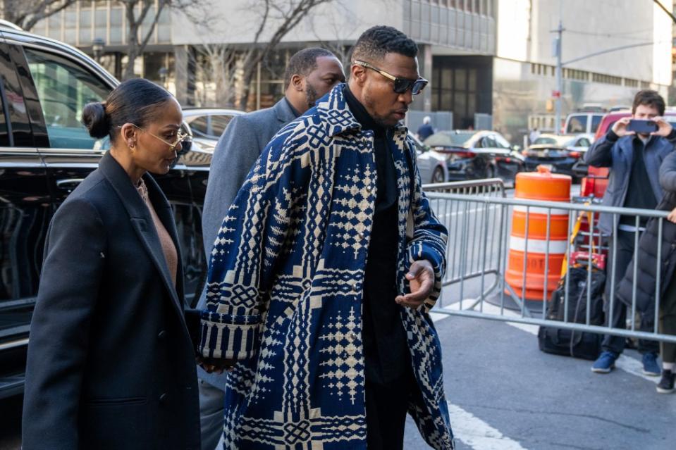 Actor Jonathan Majors arrives with his ex-girlfriend Meagan Good for sentencing in his domestic abuse case at Manhattan Criminal Court on April 8, 2024. Getty Images