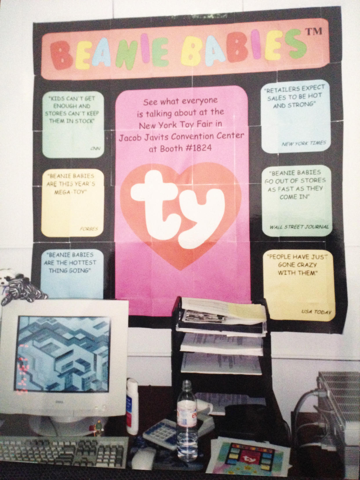 Lina Trivedi's desk at Ty was surrounded by headlines about the toy's popularity. (Photo: Lina Trivedi)