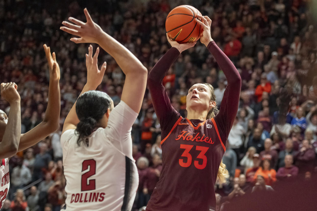 Virginia Tech's Elizabeth Kitley shoots the ball during the second half of an NCAA college basketball game against North Carolina State, Sunday, Jan. 7, 2024, in Blacksburg, Va. (AP Photo/Robert Simmons)