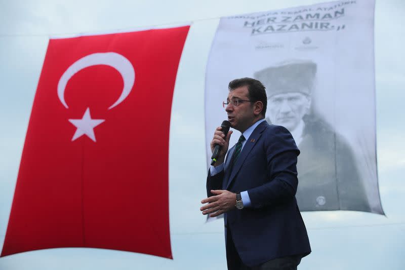 Istanbul Mayor Ekrem Imamoglu addresses the crowd during a gathering in Istanbul