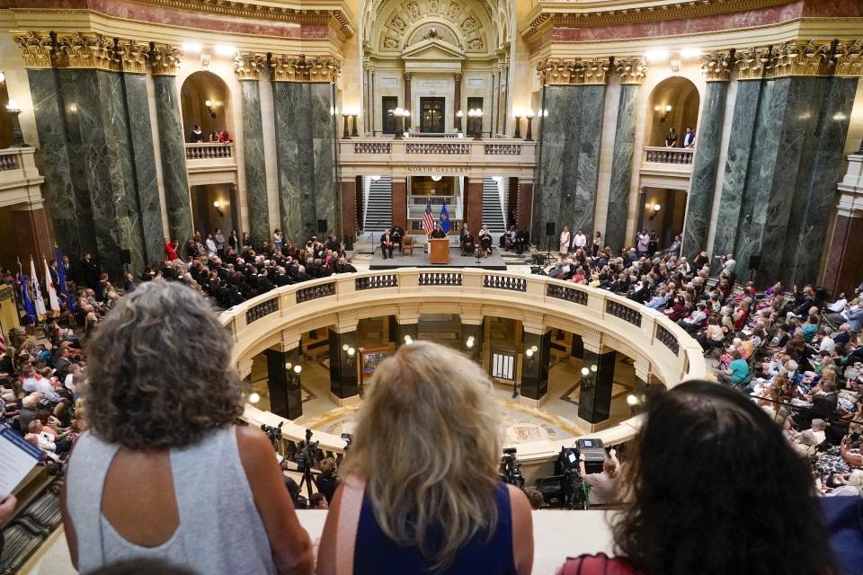Janet Protasiewicz speaks after being sworn in as a Wisconsin Supreme Court justice, Tuesday, Aug. 1, 2023, in Madison, Wis. (AP Photo/Morry Gash)