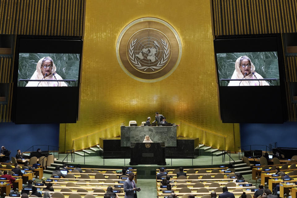 FILE- Bangladesh's Prime Minister Sheikh Hasina addresses the 78th session of the United Nations General Assembly, Sept. 22, 2023. The elections in Bangladesh are all about one person: Prime Minister Sheikh Hasina. Analysts predict that since the main opposition party is staying out of the Jan. 7 vote, the 76-year-old leader is practically guaranteed her fifth term in office. (AP Photo/Richard Drew, File)