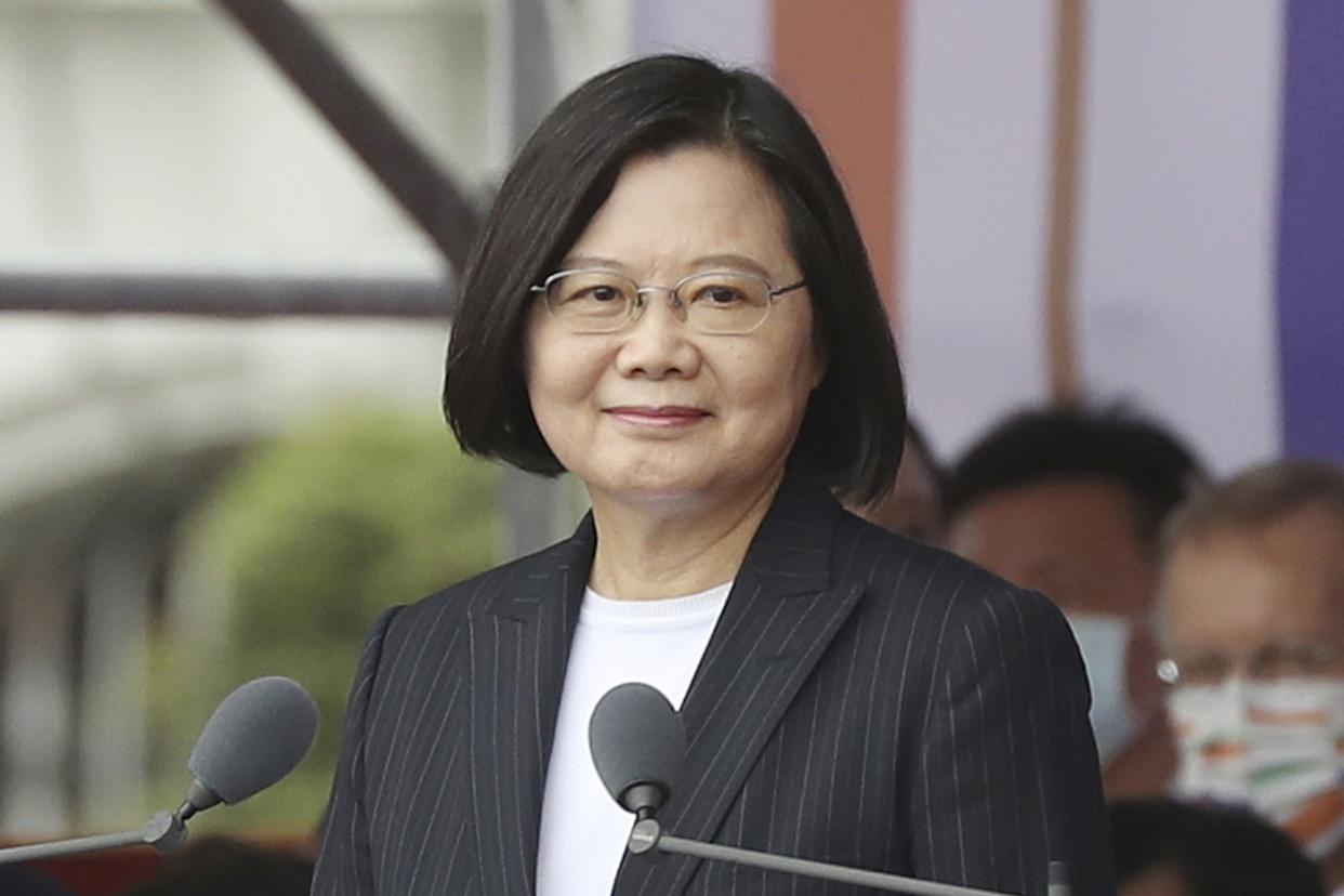 FILE - In this Oct. 10, 2020, file photo, Taiwanese President Tsai Ing-wen delivers a speech during National Day celebrations in front of the Presidential Building in Taipei, Taiwan. 