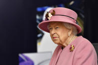 Britain's Queen Elizabeth II visits the Defence Science and Technology Laboratory (DSTL) at Porton Down, England, Thursday Oct. 15, 2020, to view the Energetics Enclosure and display of weaponry and tactics used in counter intelligence. (Ben Stansall/Pool via AP)