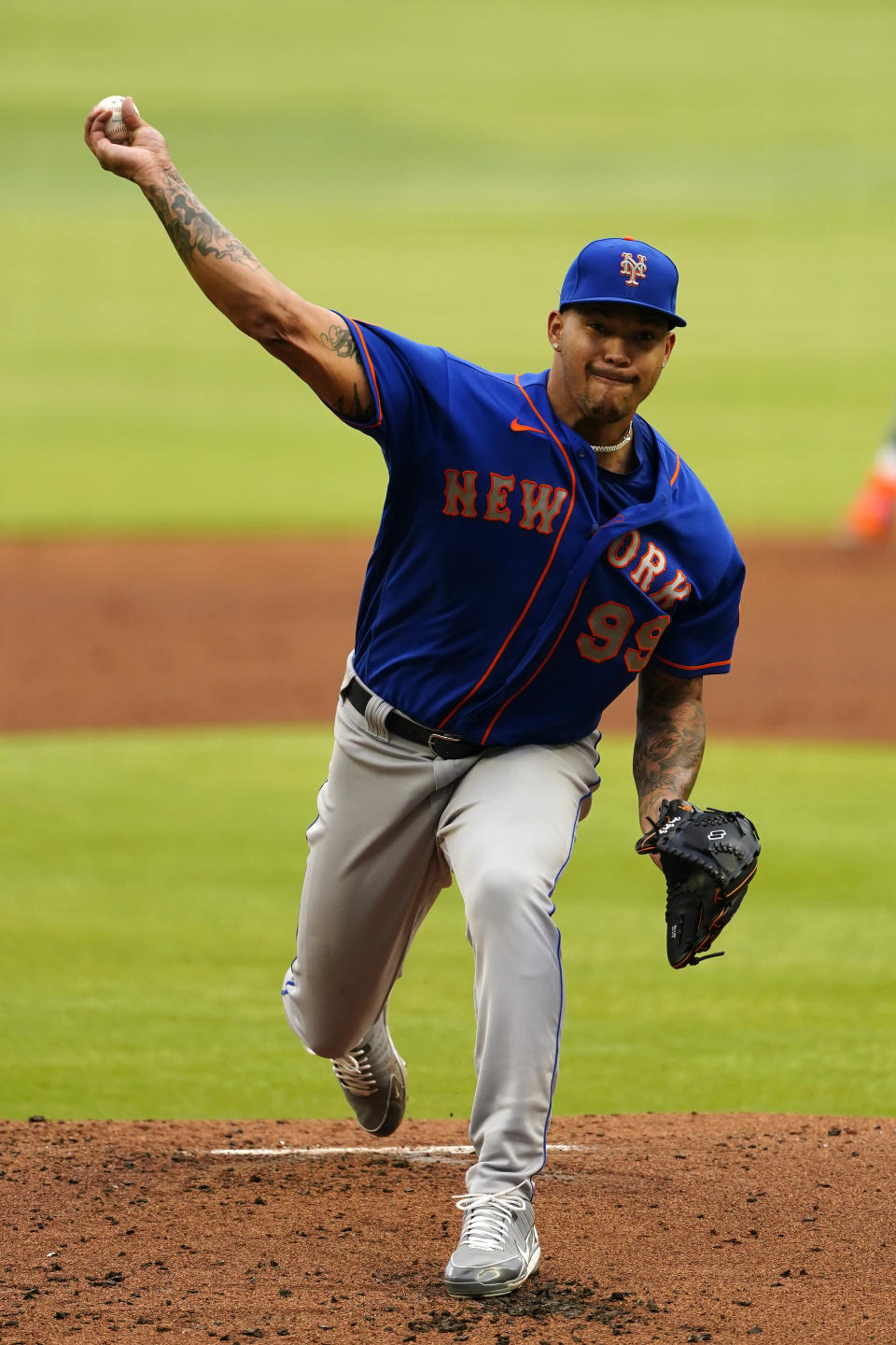 New York Mets starting pitcher Taijuan Walker (99) delivers in the second inning of a baseball game against the Atlanta Braves, Monday, May 17, 2021, in Atlanta. (AP Photo/John Bazemore)