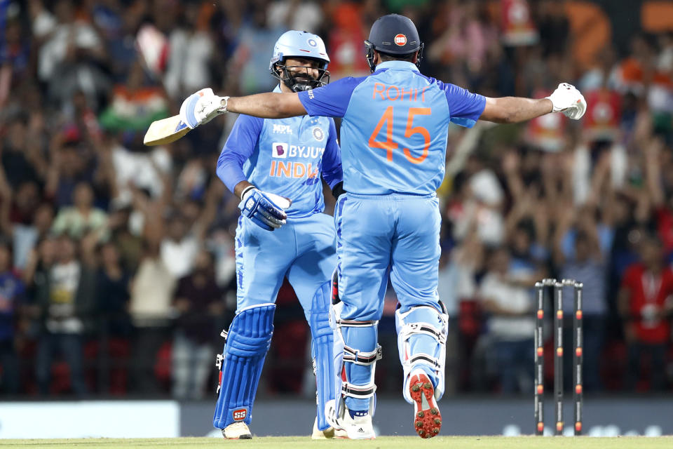 Rohit Sharma and Dinesh Kartik, pictured here after India's T20 victory over Australia.